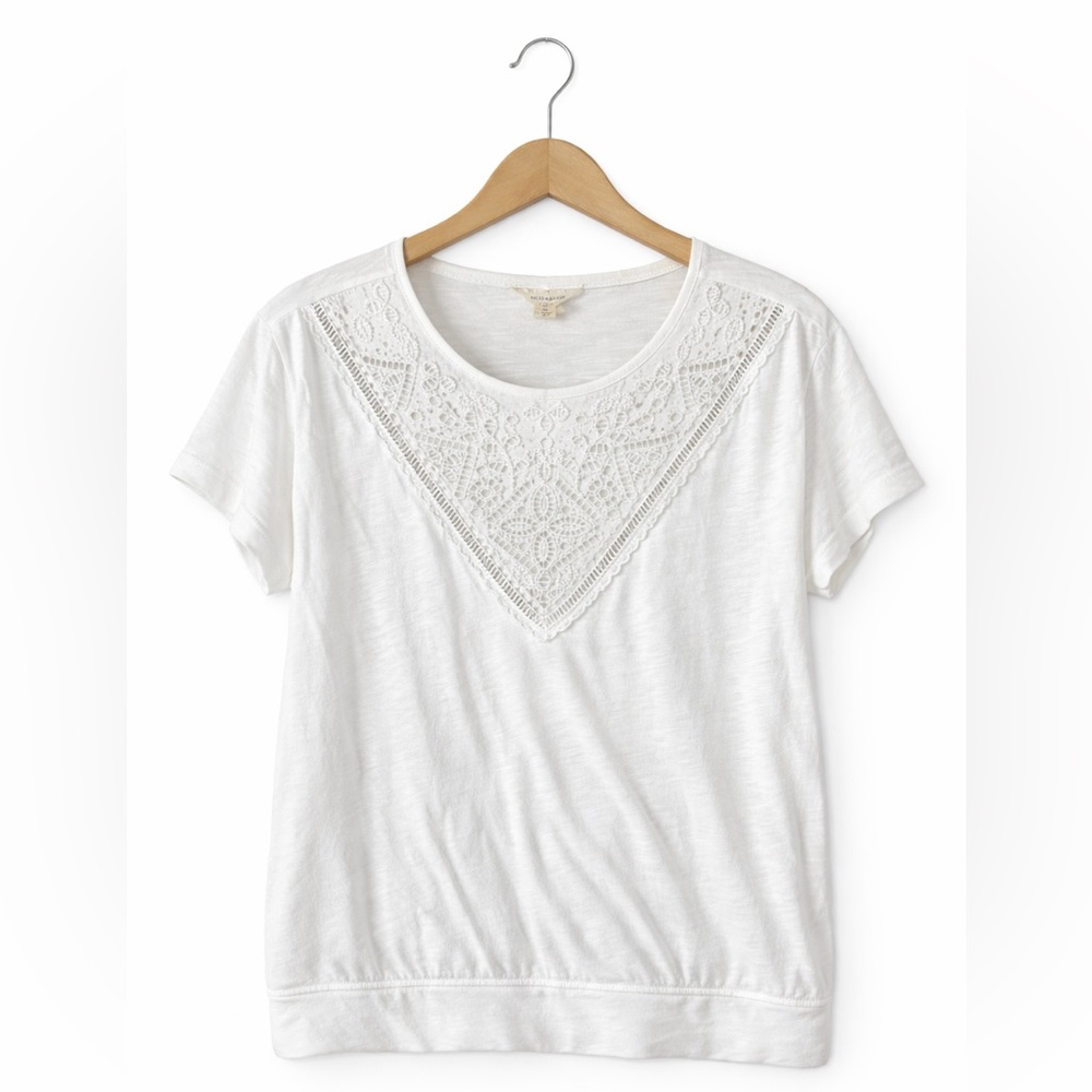 Lucky Brand White Short-Sleeve Embroidered Yoke Tee NWT Small Boho Essential